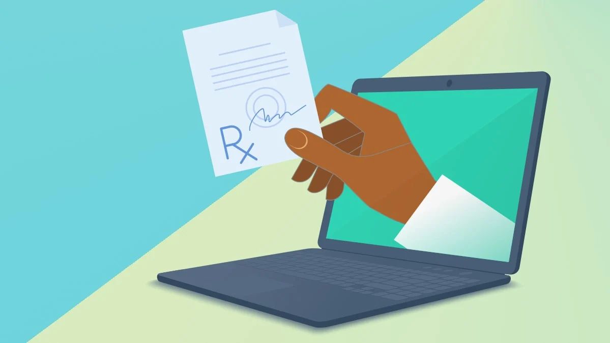 Illustration of a prescription being handed through a laptop screen